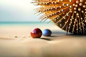 a red and blue ball on the beach. AI-Generated photo