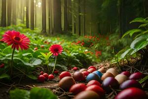 Pascua de Resurrección huevos en el bosque. generado por ai foto