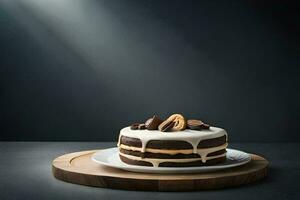 a chocolate cake with cream frosting on a wooden board. AI-Generated photo