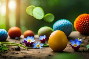 colorful eggs and flowers are on the ground. AI-Generated photo