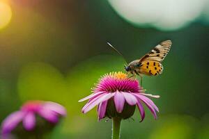 a butterfly on a pink flower with a blurry background. AI-Generated photo