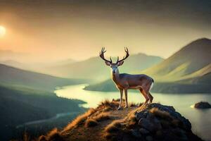 a deer stands on a hill overlooking a lake and mountains. AI-Generated photo