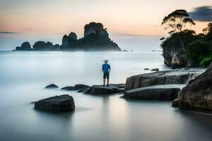 a man standing on rocks at the beach at sunset. AI-Generated photo