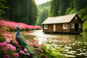 the peacock is standing in front of the house. AI-Generated photo