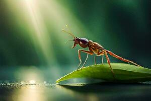 un pequeño insecto es en pie en un hoja. generado por ai foto