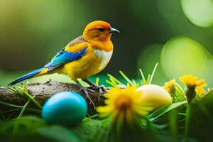 a colorful bird is perched on a branch in the grass. AI-Generated photo