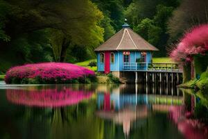 a colorful house sits on a small bridge over a lake. AI-Generated photo