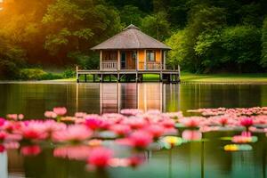 un pequeño choza se sienta en el borde de un lago con rosado loto flores generado por ai foto