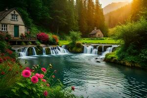 hermosa cascada y cabaña en el bosque a puesta de sol. generado por ai foto