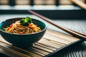 chinese noodles in a bowl with chopsticks on a bamboo mat. AI-Generated photo