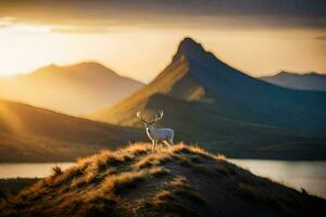 a deer stands on a hill overlooking a lake and mountains. AI-Generated photo