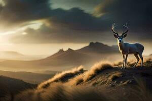 a deer stands on a hill with the sun setting behind it. AI-Generated photo