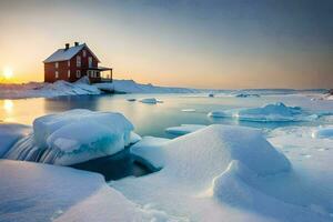 un rojo casa se sienta en parte superior de un hielo témpano de hielo. generado por ai foto