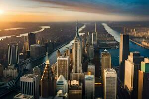 el ciudad horizonte a puesta de sol en nuevo york generado por ai foto