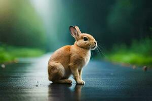 un pequeño Conejo sentado en el la carretera en el medio de el bosque. generado por ai foto