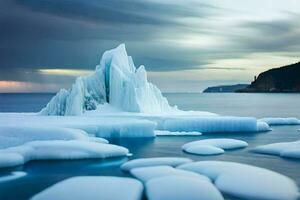 icebergs in the ocean with a stormy sky. AI-Generated photo