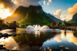 a mountain with a fountain in the middle of a lake. AI-Generated photo