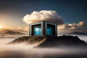 a box on top of a mountain with clouds. AI-Generated photo