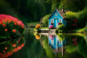 photo wallpaper water, flowers, the garden, the house, the water, the house, the. AI-Generated