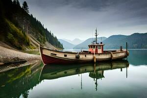 a boat sits on the shore of a lake. AI-Generated photo
