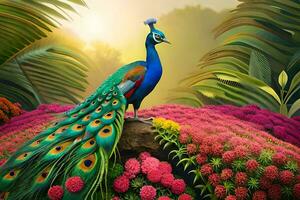 a painting of a peacock standing on a rock surrounded by flowers. AI-Generated photo