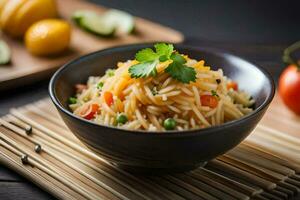 a bowl of pasta with vegetables and tomatoes. AI-Generated photo