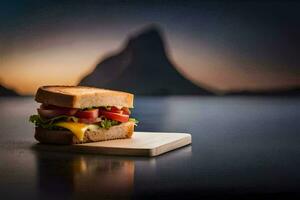 a sandwich sitting on a wooden board with a mountain in the background. AI-Generated photo