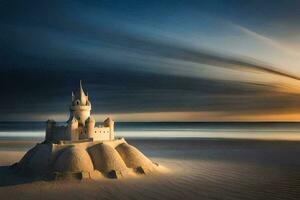 un arena castillo en el playa a puesta de sol. generado por ai foto