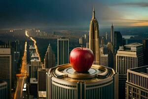 an apple sits on top of a building in front of a city. AI-Generated photo