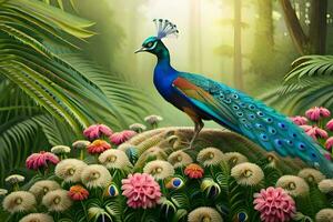 a peacock in the jungle with flowers and trees. AI-Generated photo