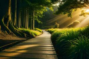 un de madera camino Guías mediante el bosque a puesta de sol. generado por ai foto