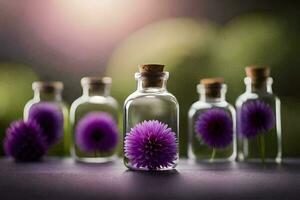 purple flowers in small bottles on a table. AI-Generated photo