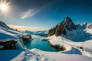 a beautiful mountain lake surrounded by snow. AI-Generated photo