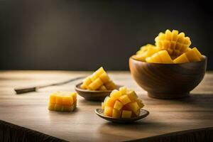 a bowl of sliced mangoes on a wooden table. AI-Generated photo