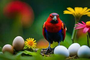 a colorful bird is standing next to eggs. AI-Generated photo