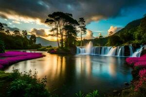 a beautiful waterfall at sunset with pink flowers. AI-Generated photo