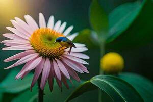 un azul y rosado flor con un abeja en él. generado por ai foto