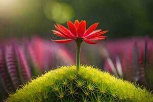 a red flower is standing on top of a cactus. AI-Generated photo