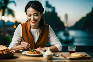 un mujer es comiendo comida a un restaurante. generado por ai foto
