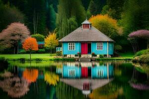 a colorful house sits on the edge of a lake. AI-Generated photo