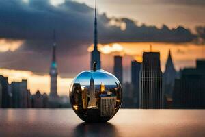 a reflection of the city in an apple. AI-Generated photo