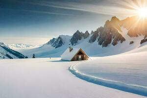 un cabina en el nieve con montañas en el antecedentes. generado por ai foto