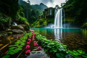 waterfall in the jungle with pink flowers. AI-Generated photo