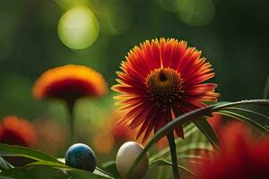 a flower and an egg in the grass. AI-Generated photo