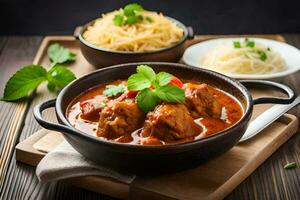 chicken curry in a bowl with rice and vegetables. AI-Generated photo