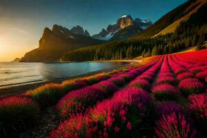 a beautiful sunset over a field of pink flowers. AI-Generated photo