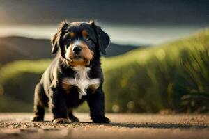 a puppy is standing on a dirt road. AI-Generated photo