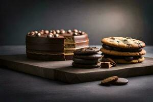 chocolate cake, cookies and a chocolate bar on a cutting board. AI-Generated photo