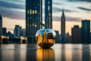 un manzana sentado en un mesa en frente de un ciudad horizonte. generado por ai foto