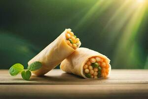 two rolls of food with peas and carrots. AI-Generated photo